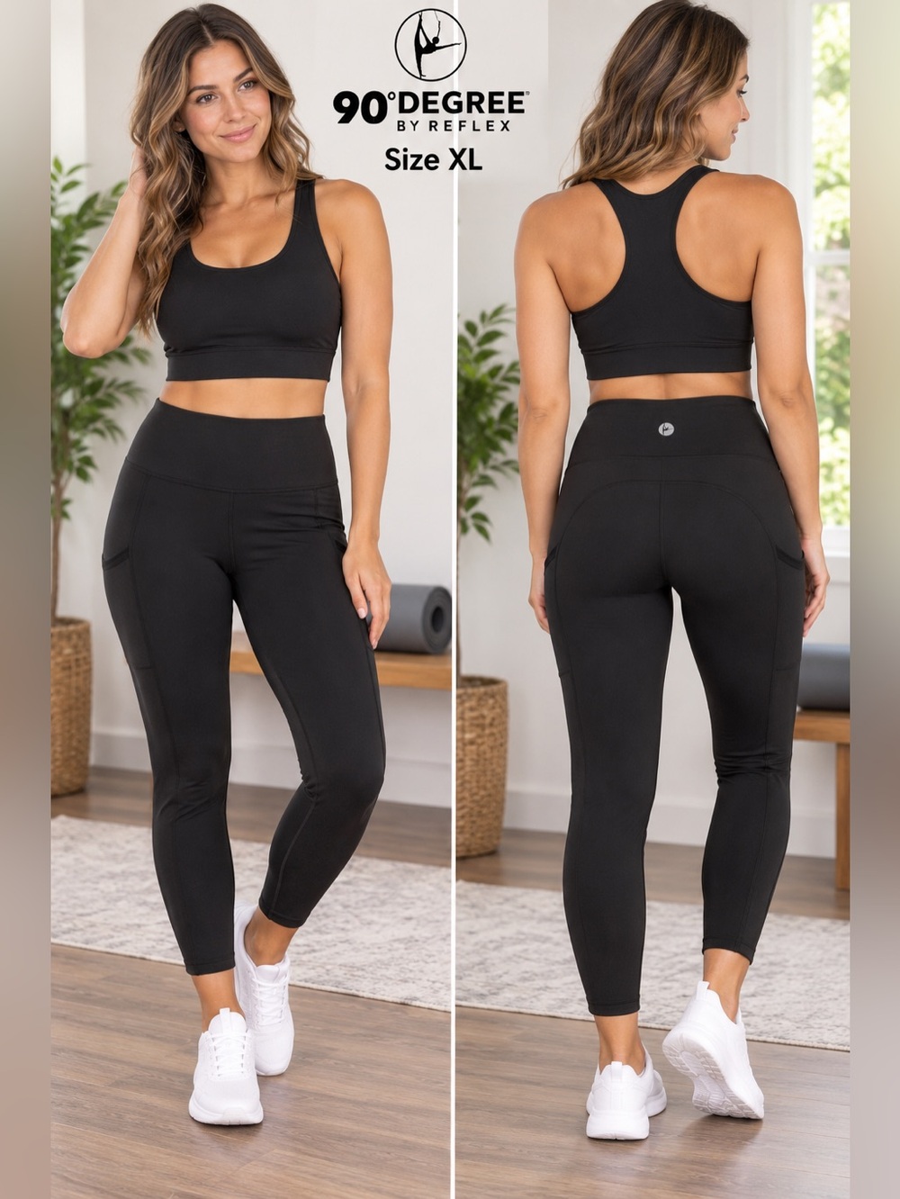 90 Degree by Reflex Black High Waist Pocket Leggings Size XL